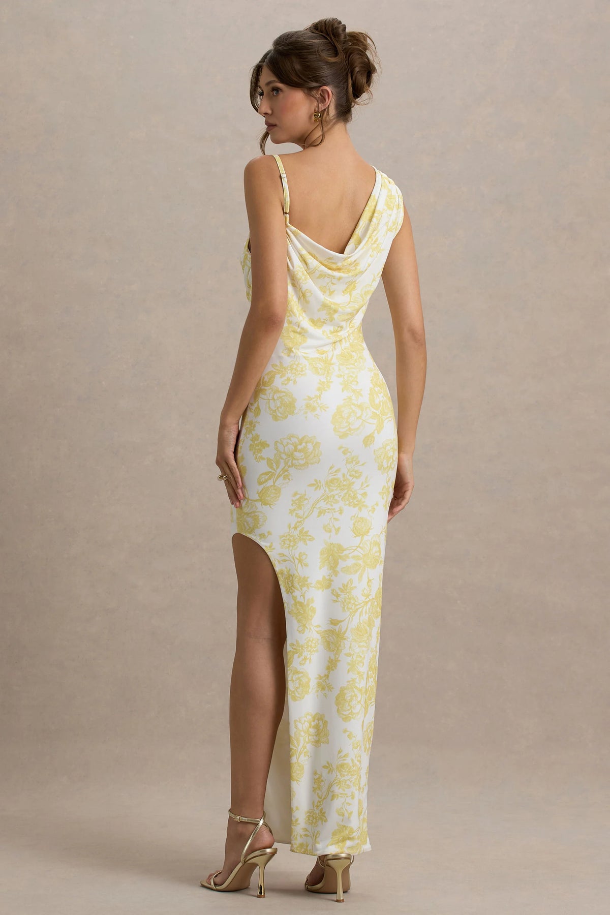 Sitara | Lemon Porcelain Print Cowl-Neck Maxi Dress With Asymmetric Skirt
