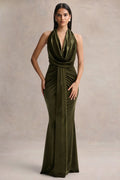 Lavernia | Olive Velvet Halter-Neck Maxi Dress With Gathered-Detailing