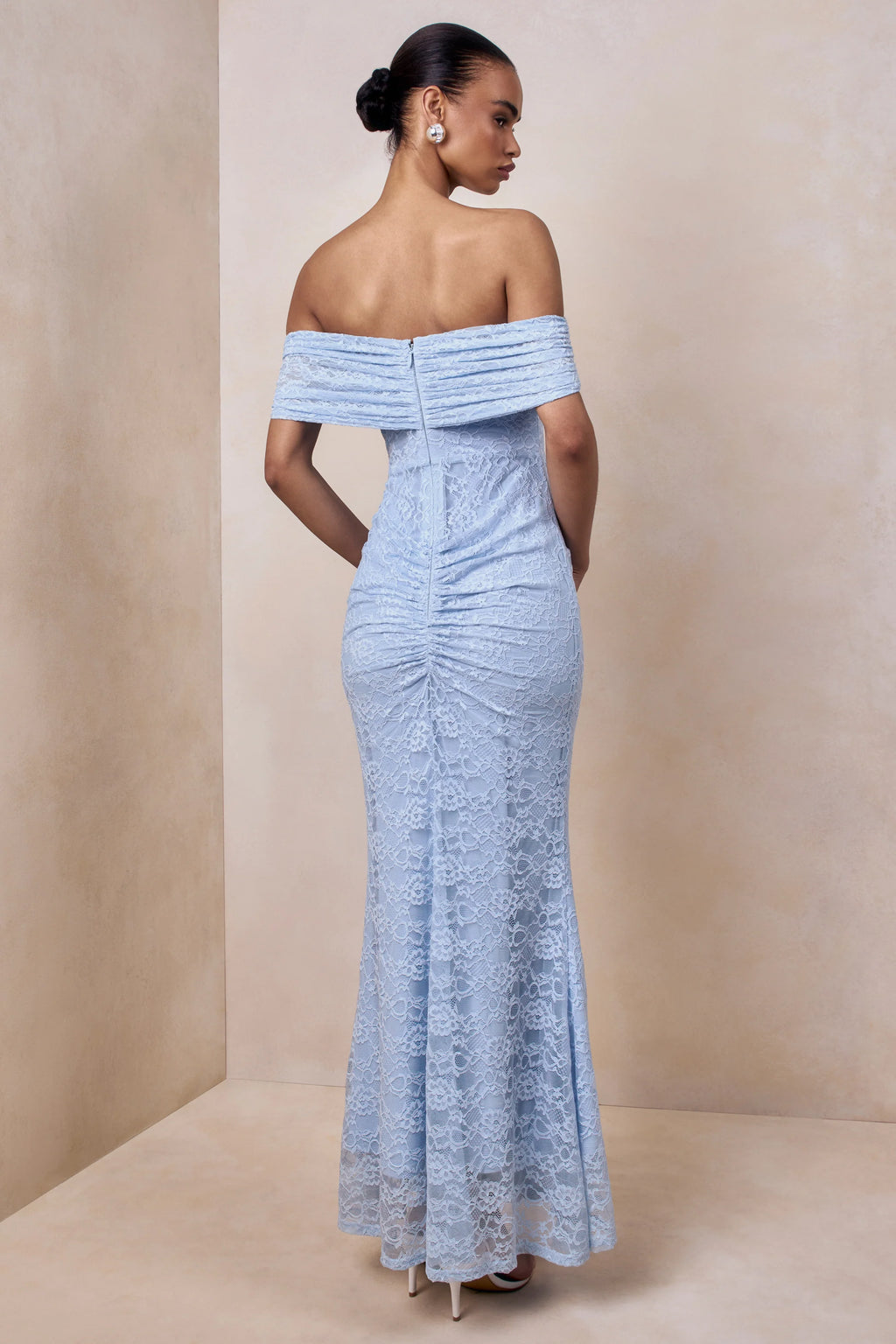 Elinor | Powder Blue Lace Bardot-Neck Maxi Dress With Gathered-Detailing