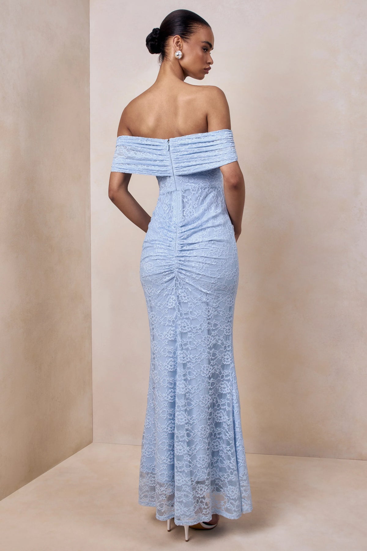 Elinor | Powder Blue Lace Bardot-Neck Maxi Dress With Gathered-Detailing