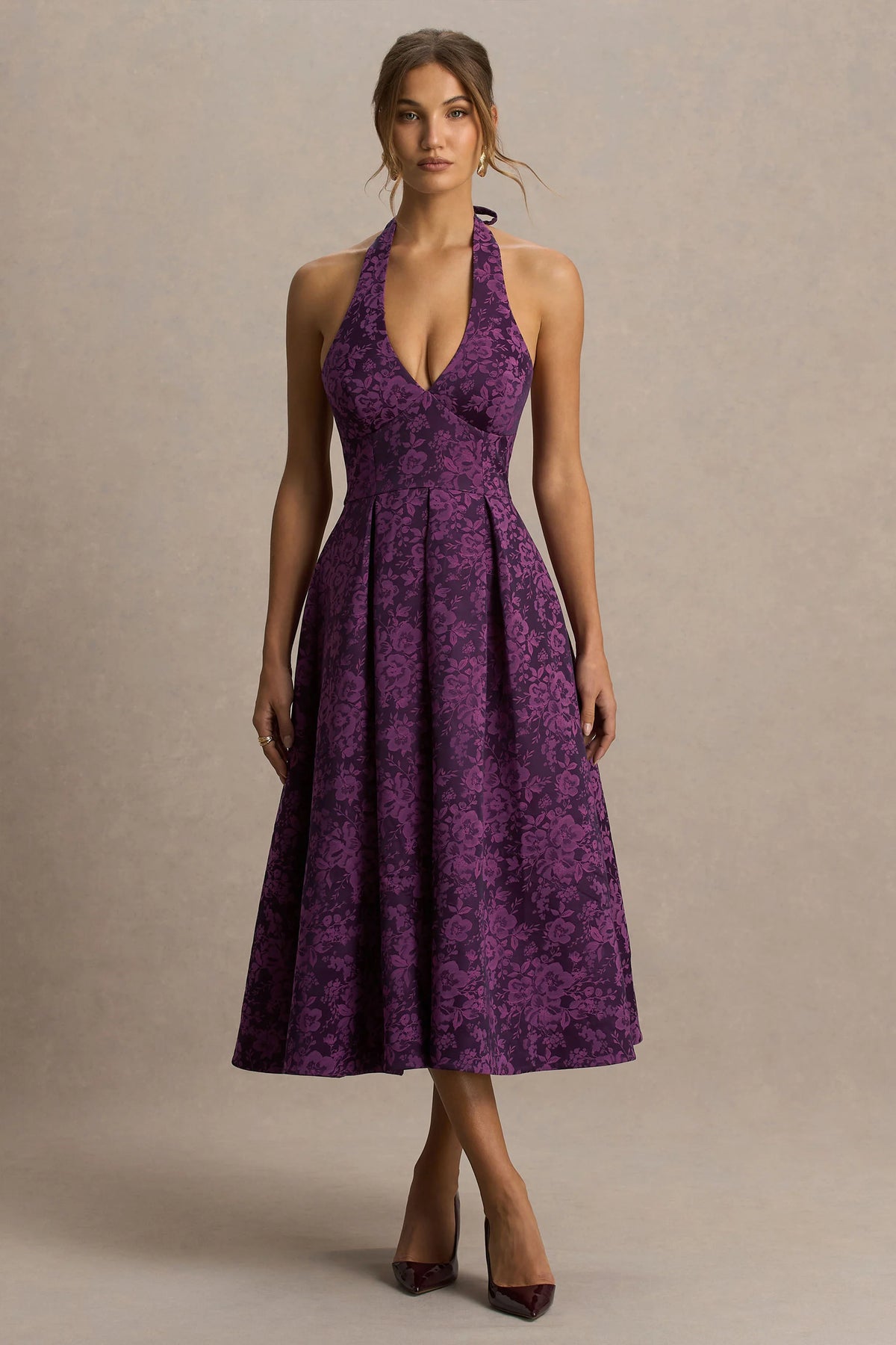 Isabeau | Purple Satin Plunge-Neck Midi Dress
