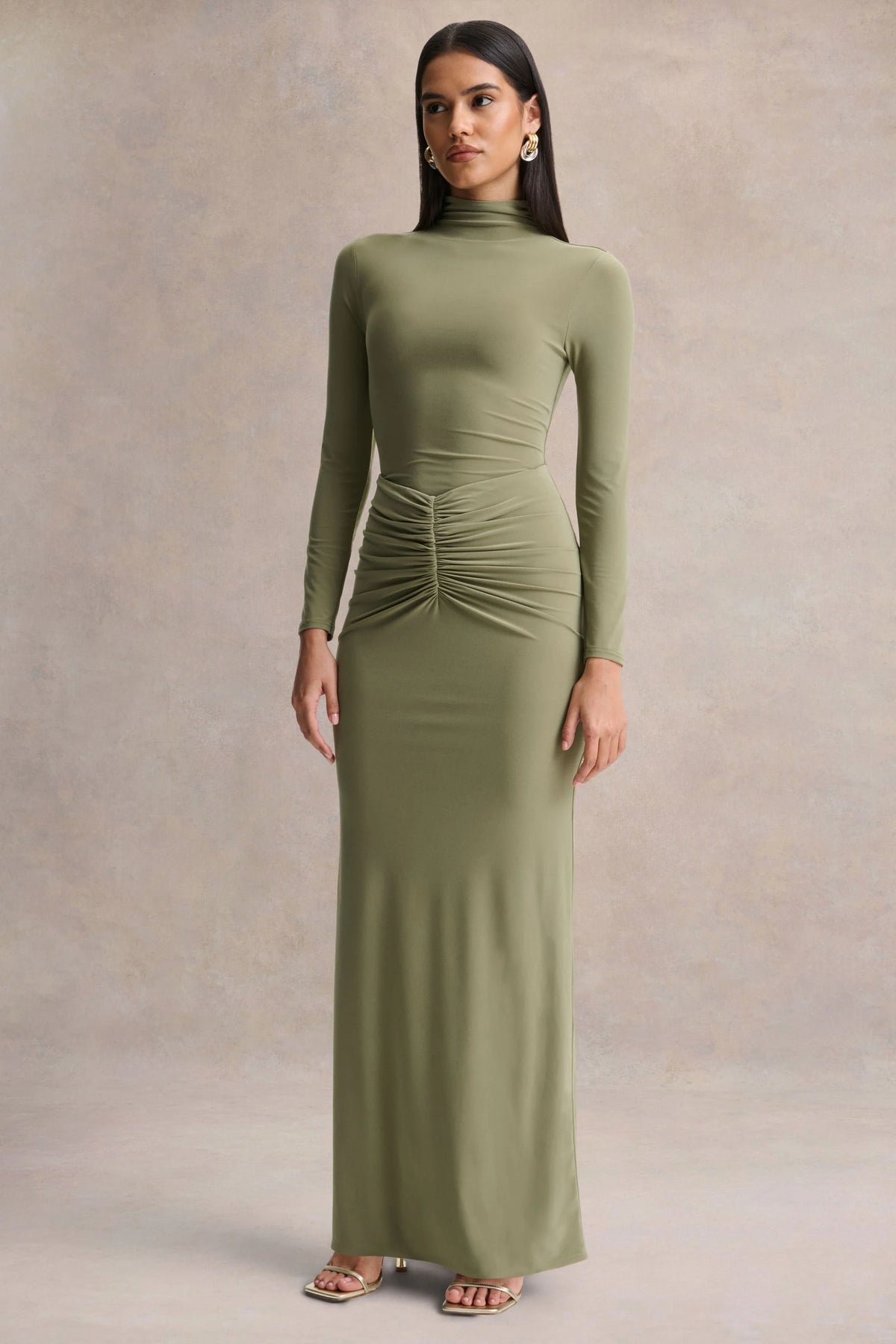 Persis | Olive High-Neck Maxi Dress With Gathered Detailing