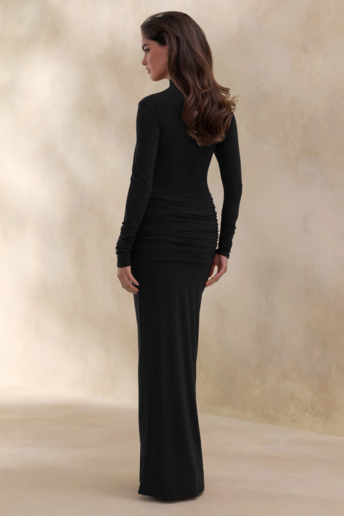 Ambrette | Black High-Neck Maxi Dress With Gathered-Detailing
