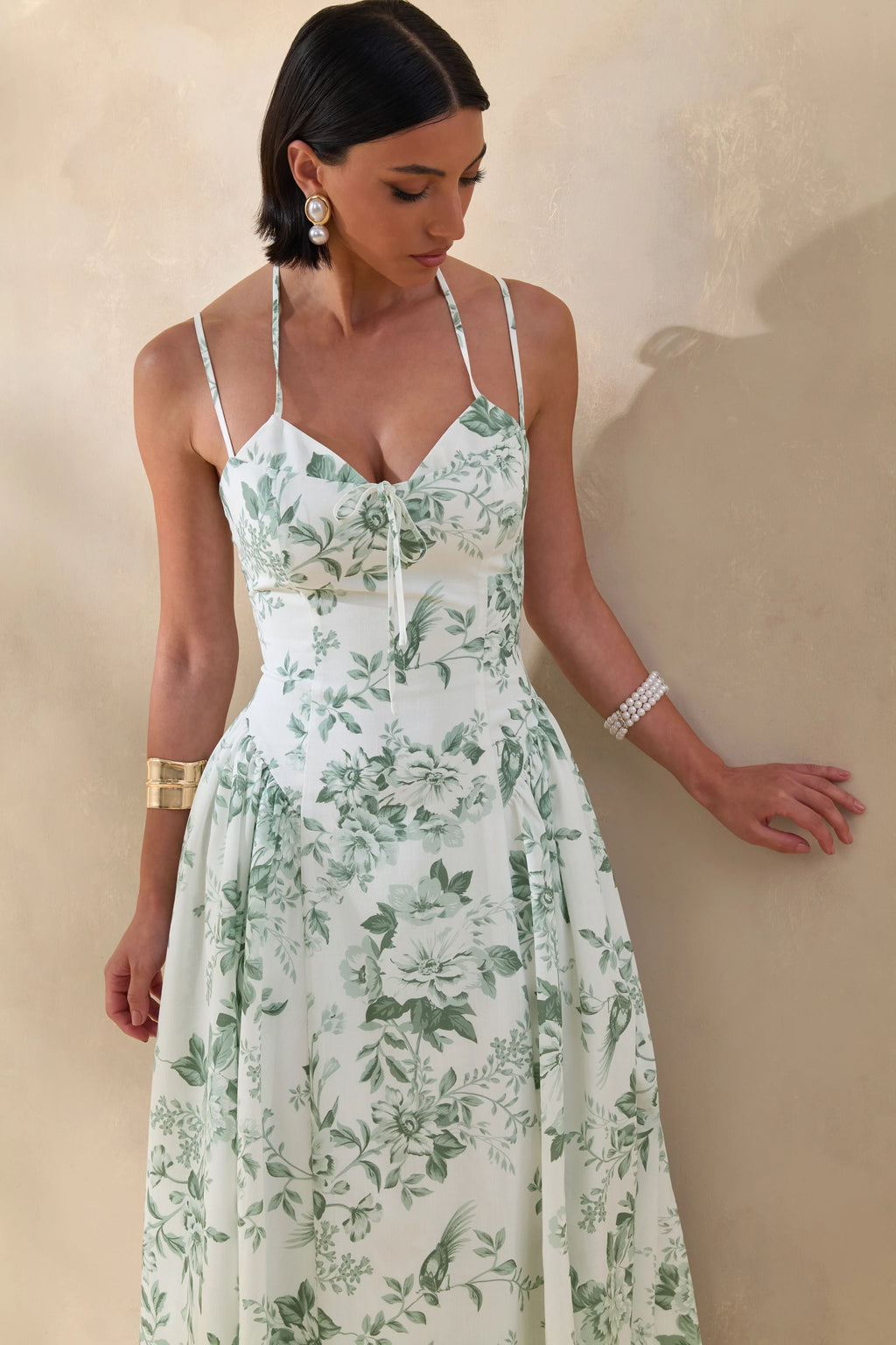 Audrey | Green Floral Print Sweetheart-Neck Midi Dress With Ruching Detail