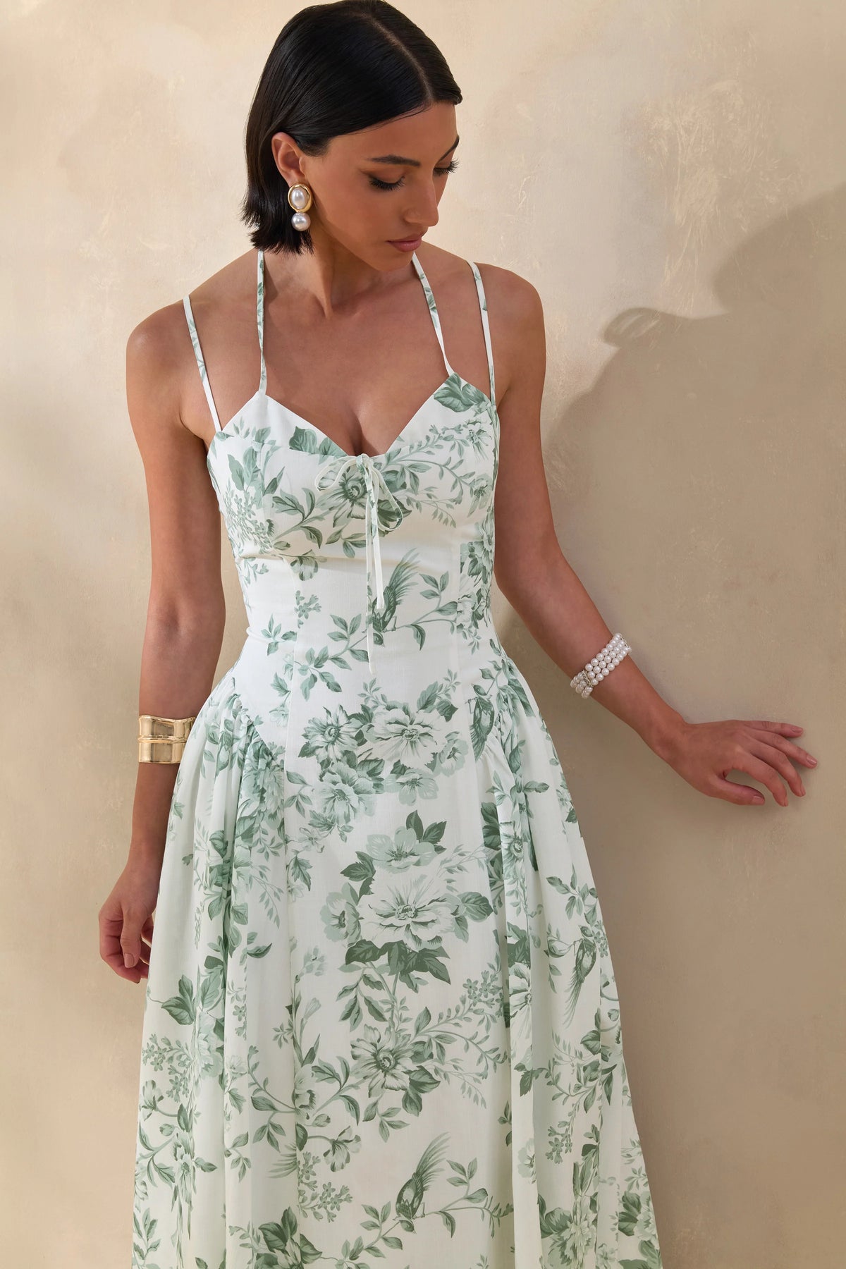 Audrey | Green Floral Print Sweetheart-Neck Midi Dress With Ruching Detail