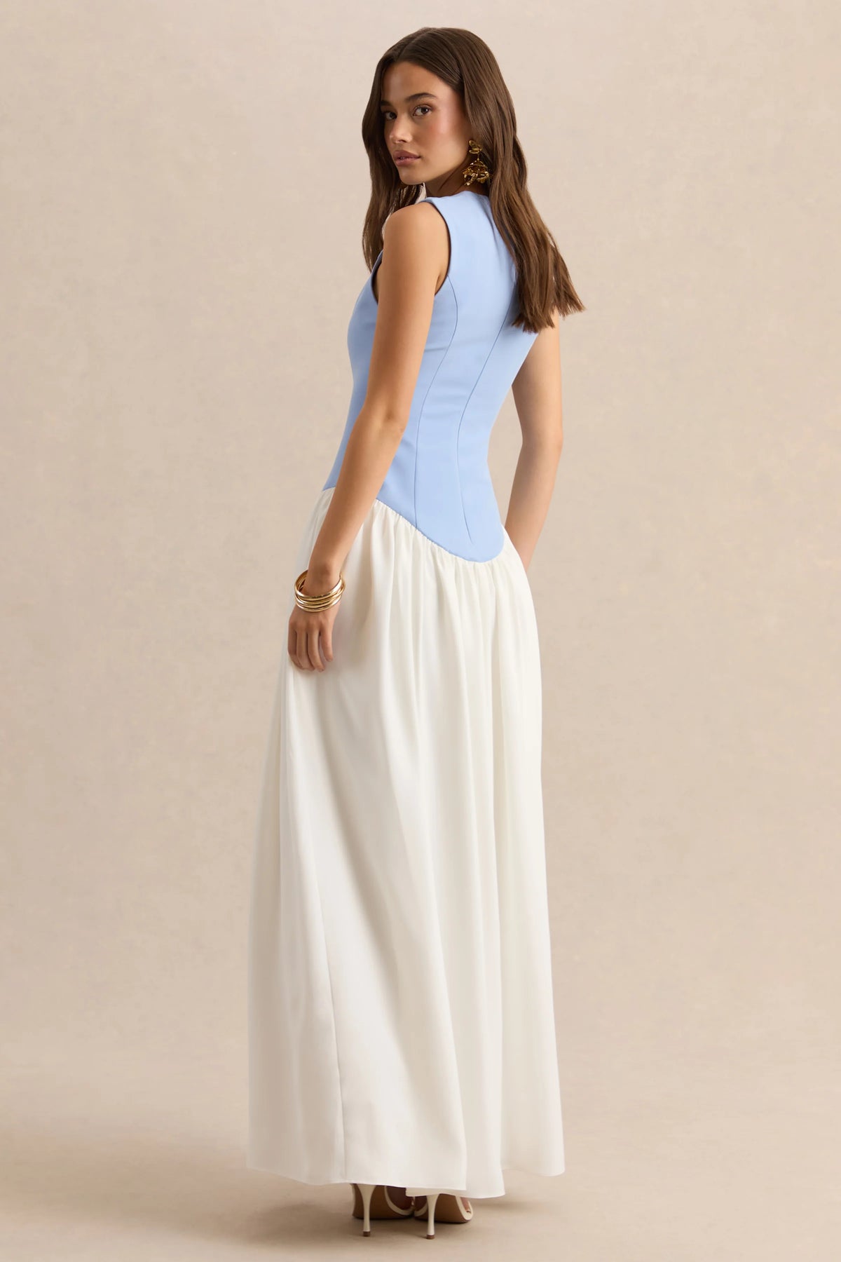 Iliana | Powder Blue And White Crew-Neck Maxi Dress With Drop-Waist And Pleated Skirt