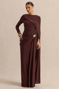 Orintha | Brown Slashed-Neck Maxi Dress With Cape And Gold-Detail
