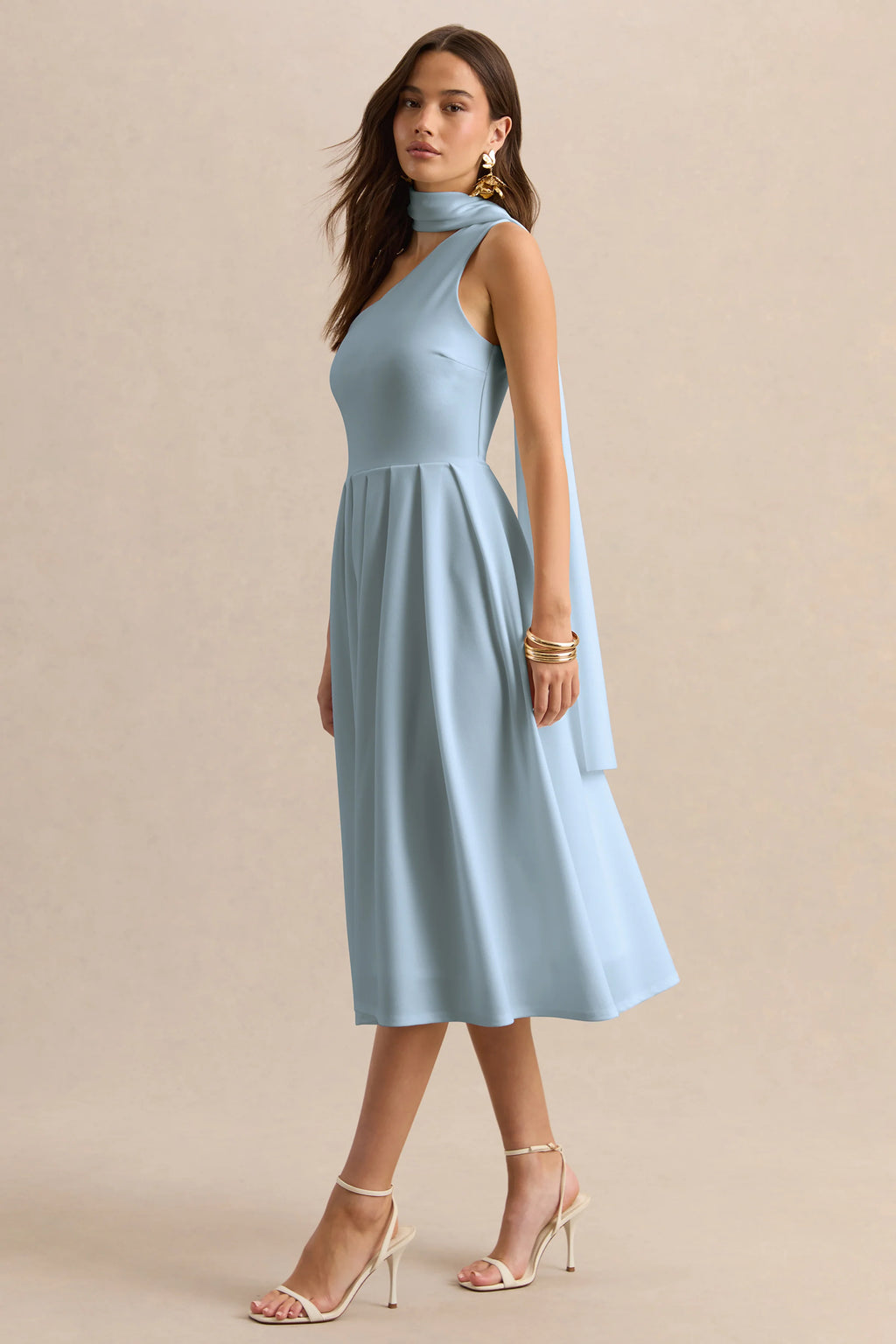 Odette | Powder Blue Asymmetric-Neck Midi Dress With Scarf