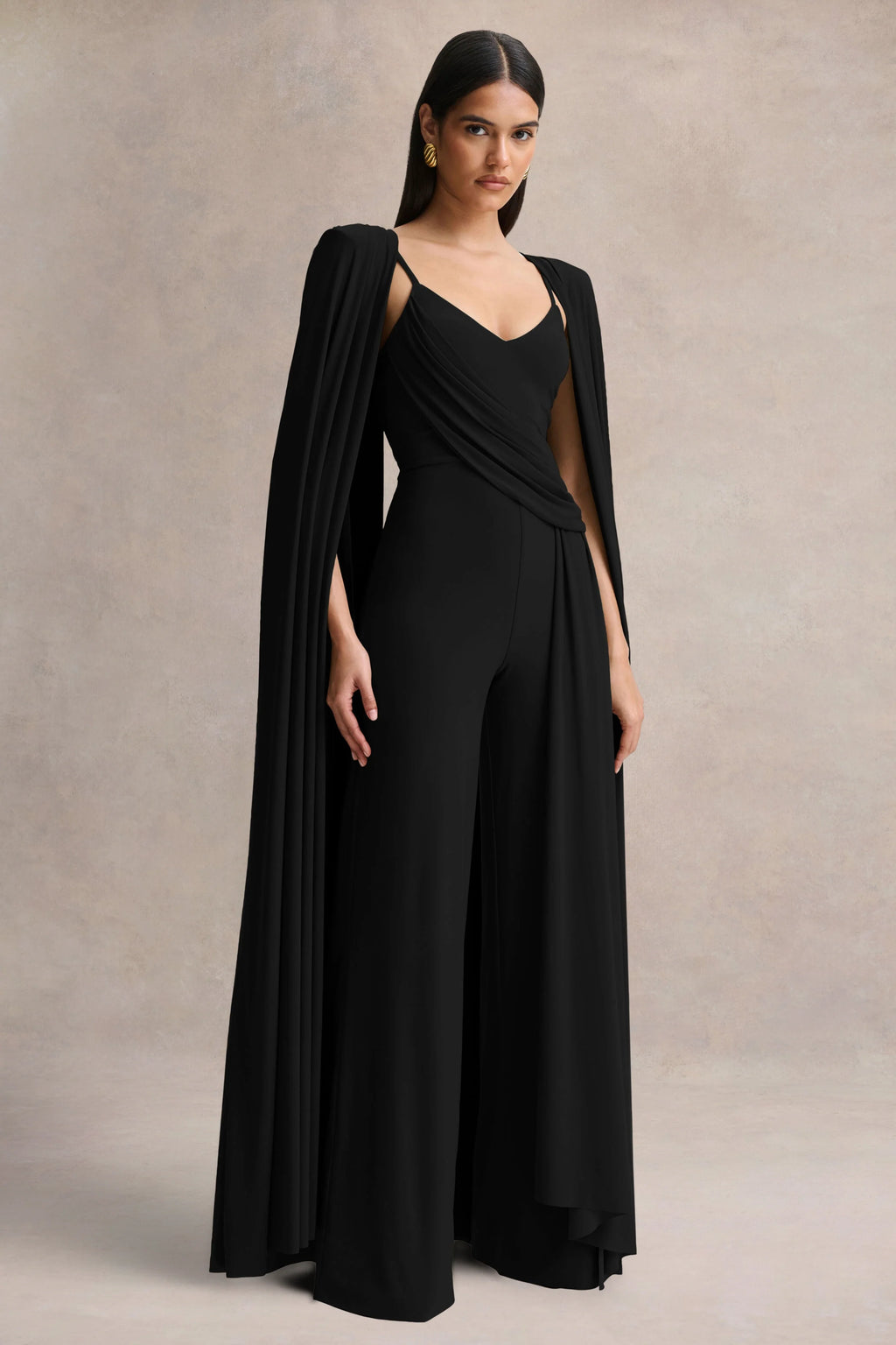Labina | Black Plunge-Neck Jumpsuit With Cape-Sleeves