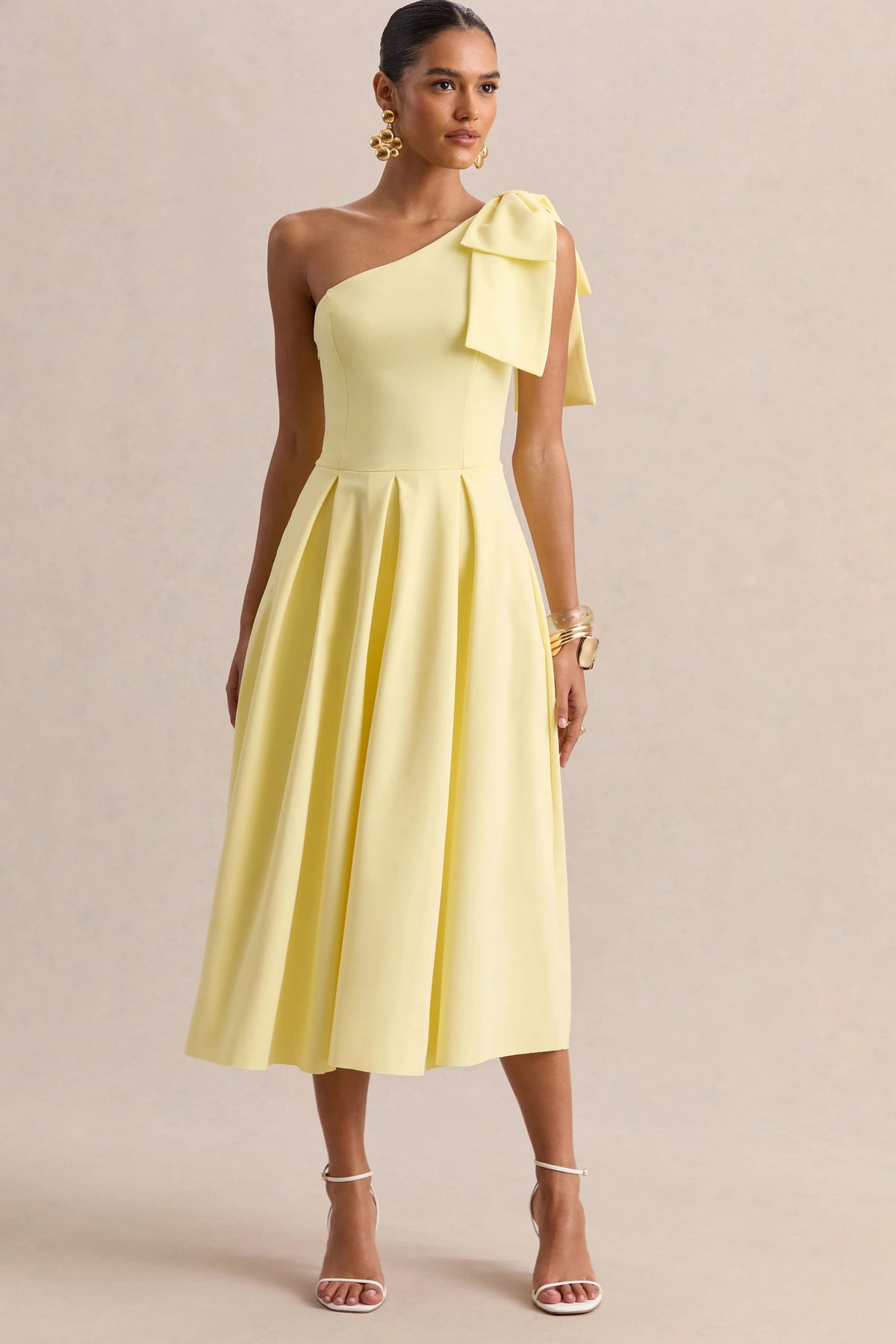 Meria | Lemon Asymmetric-Neck Midi Dress With Bow-Sleeve