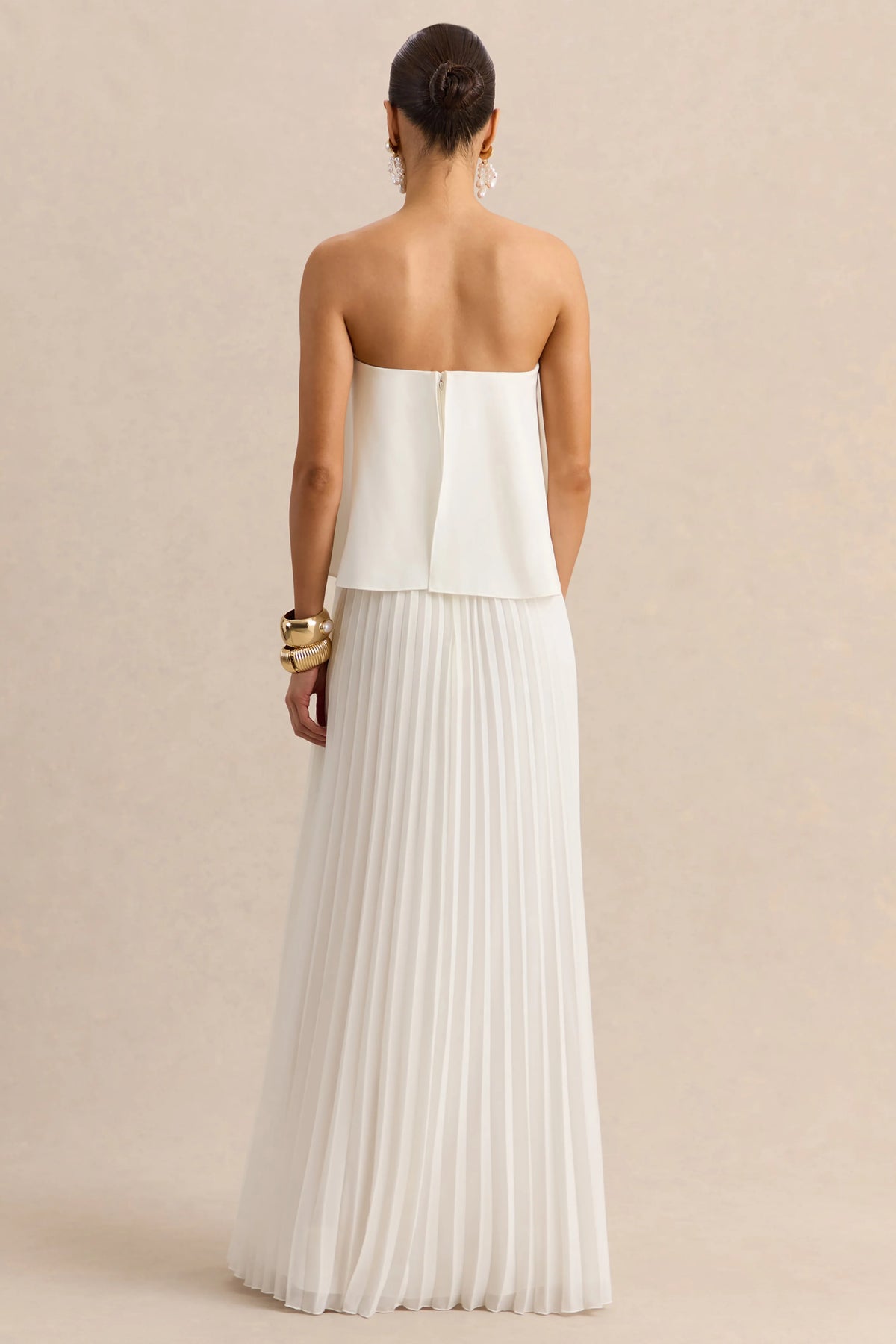 Saralyn | White Bandeau Maxi Dress With Pleated-Skirt