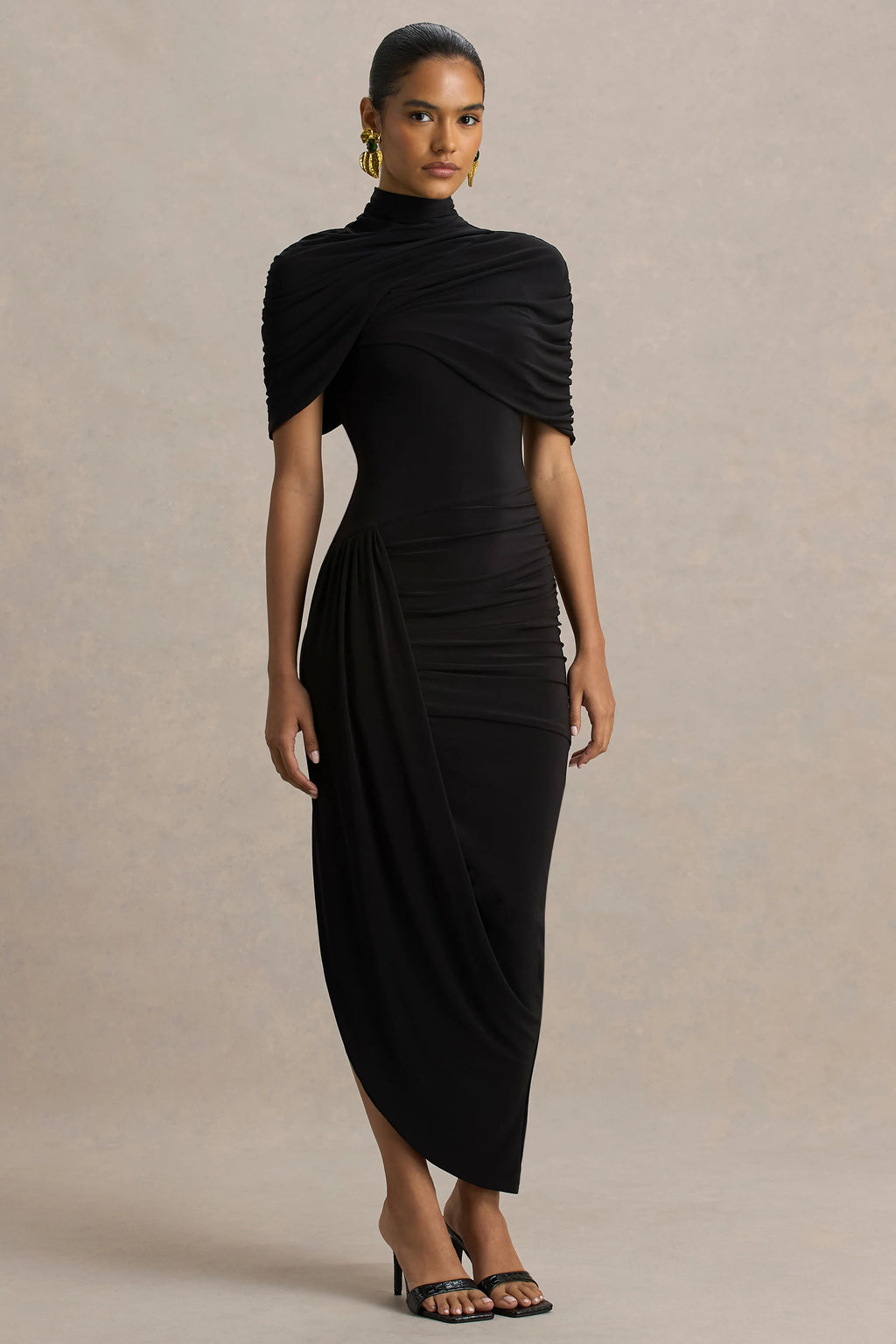 Enchant | Black Asymmetric Twisted Cape Midi Dress