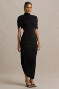 Enchant | Black Asymmetric Twisted Cape Midi Dress