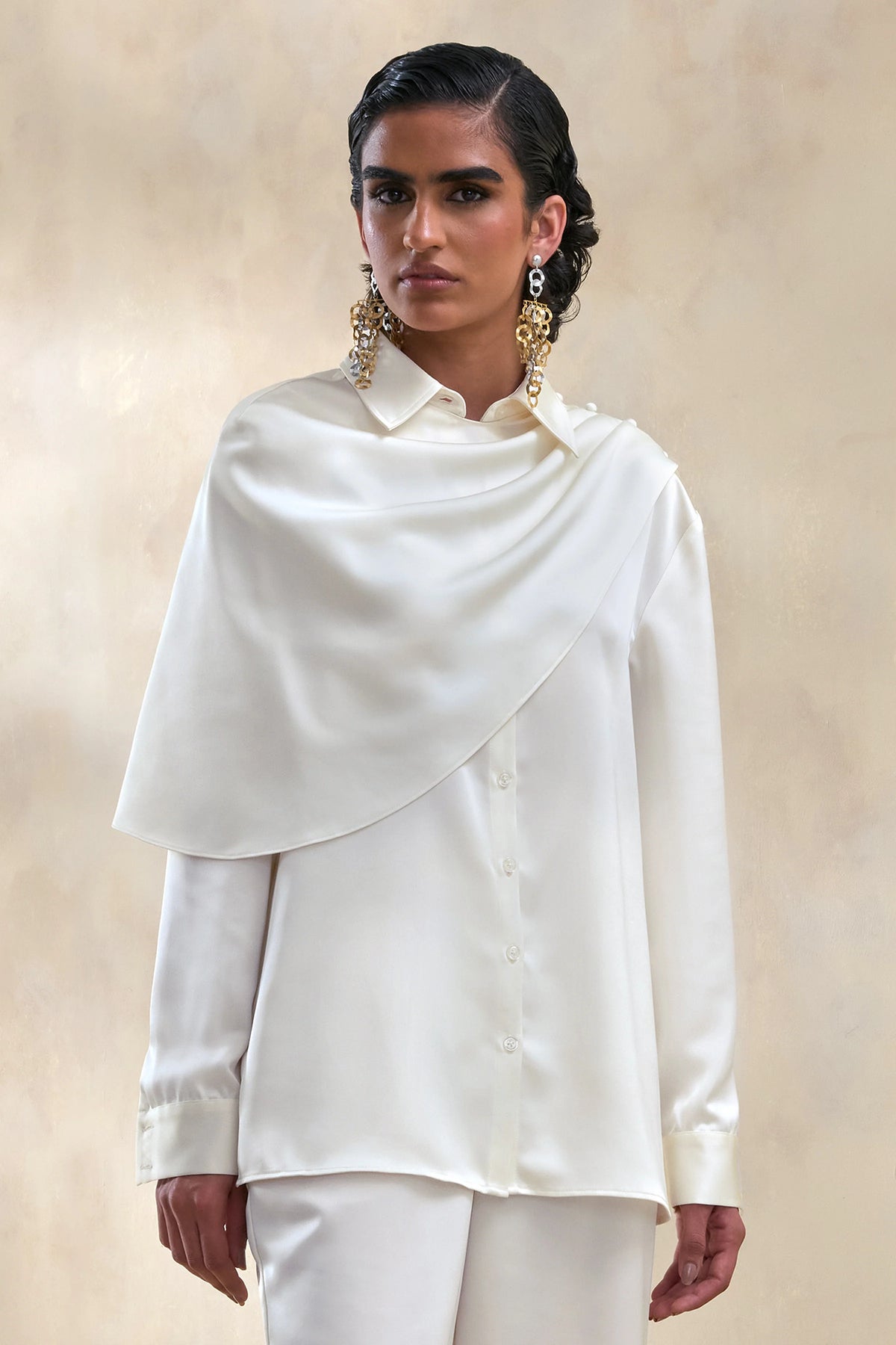 Serenza | Cream Satin Collared-Shirt With Cape-Detail