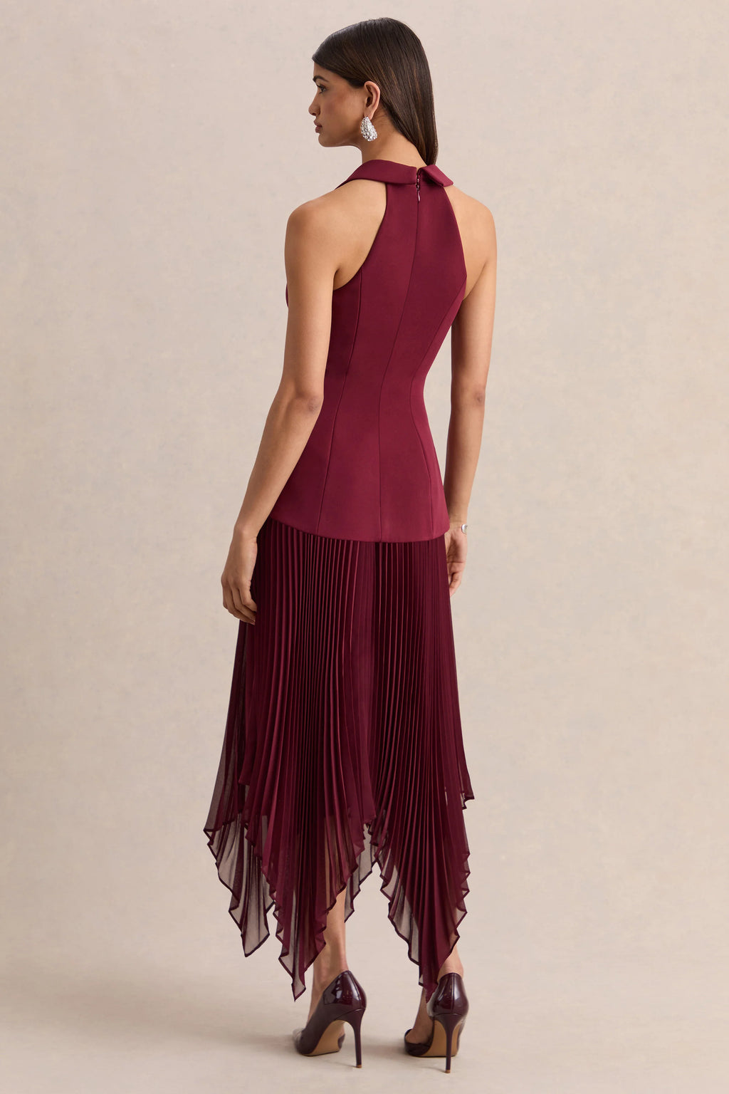 Marvelle | Burgundy Plunge-Neck Maxi Dress With Hanky Hem