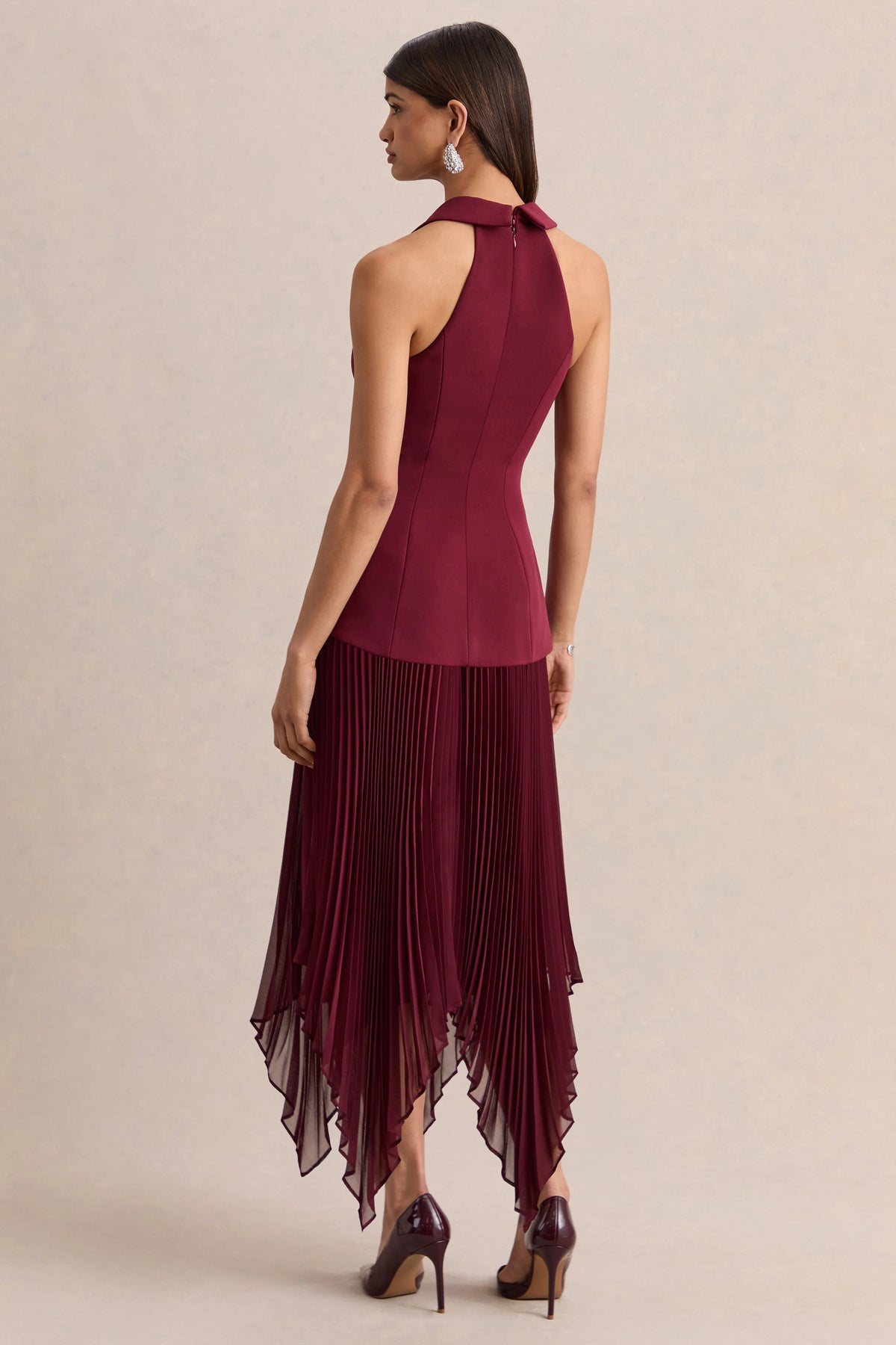 Marvelle | Burgundy Plunge-Neck Maxi Dress With Hanky Hem