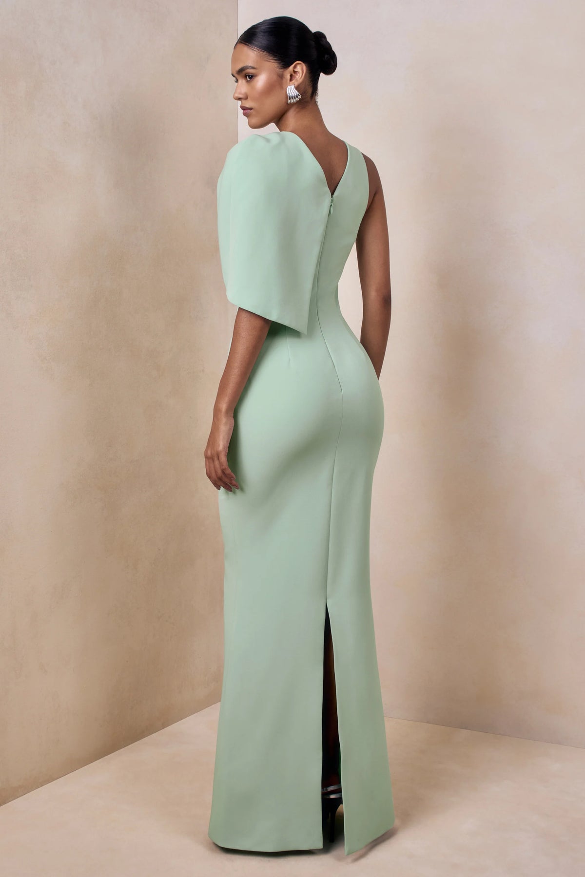 Quira | Mint Asymmetric-Neck Maxi Dress With Cape-Sleeve
