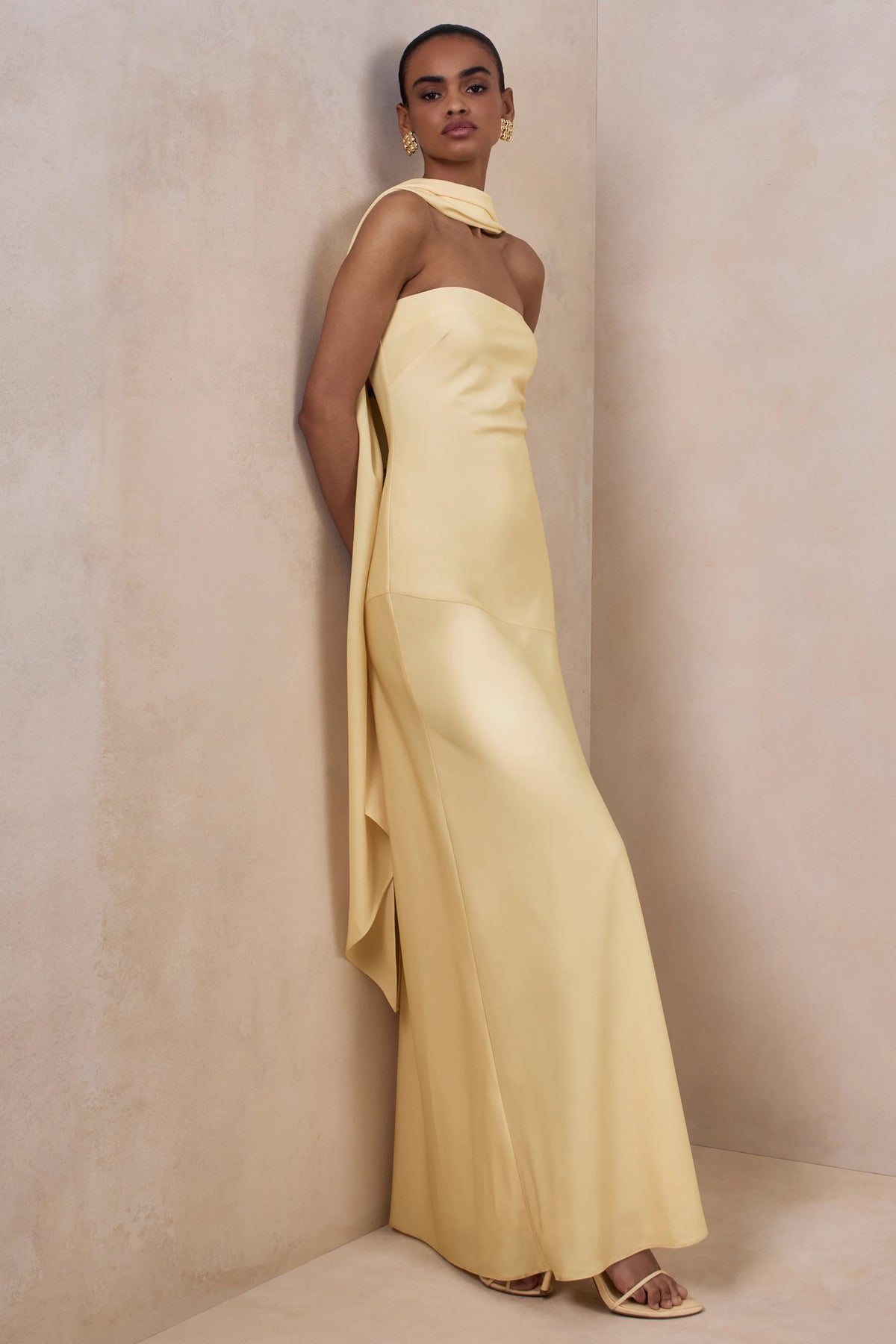 Charly | Lemon Matte Satin Bandeau Maxi Dress With Scarf-Detail