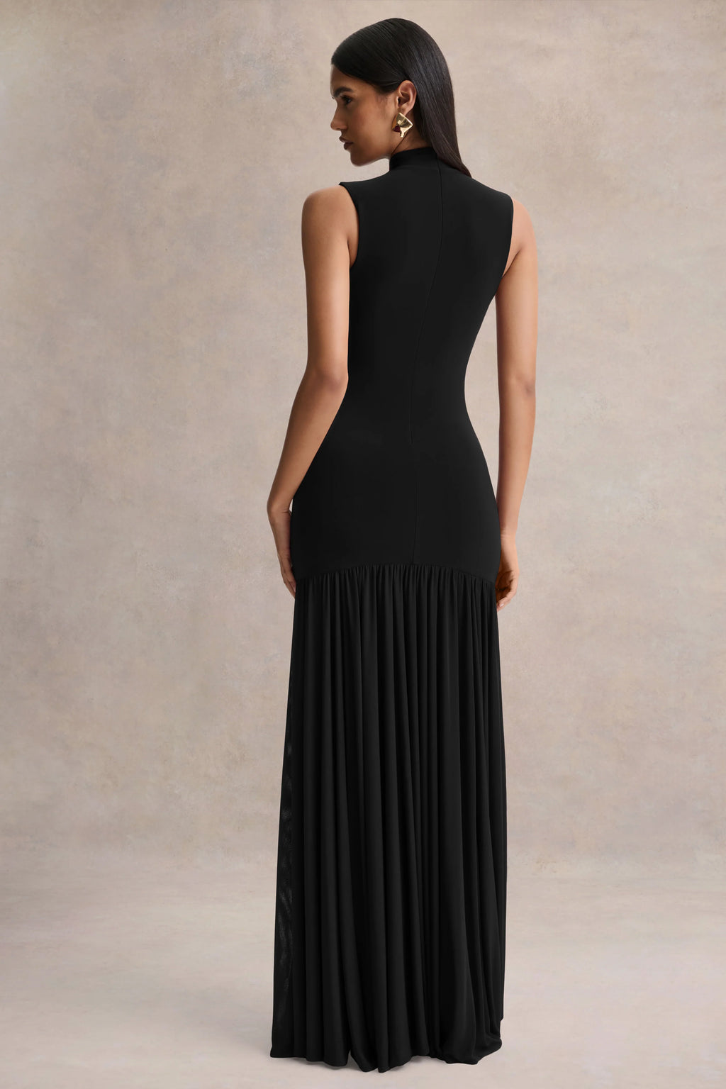 Gigi | Black High-Neck Maxi Dress With Drop-Waist And Sheer Skirt