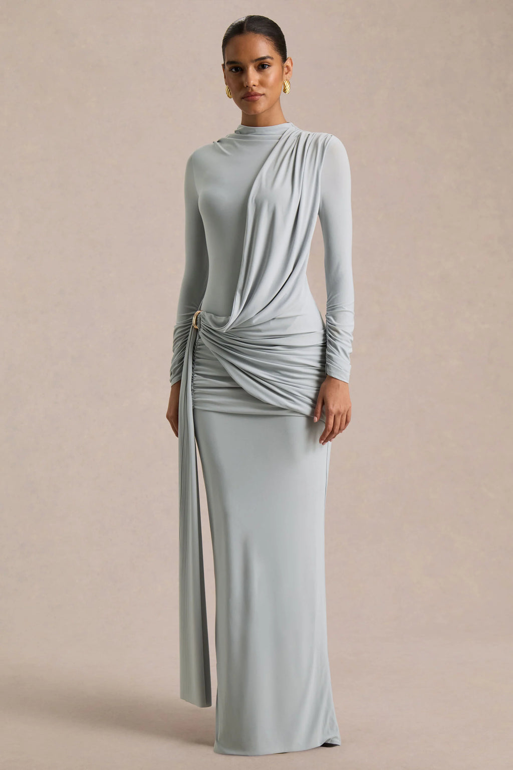 Melissa | Blue Long-Sleeve Wrap Maxi Dress With Draped Detailing