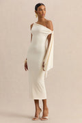 Arcelia | Cream Asymmetric-Neck Midi Dress With Knot-Sleeve Detail
