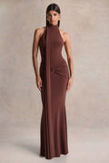 Hyla | Brown High-Neck Maxi Dress With Sash-Detail