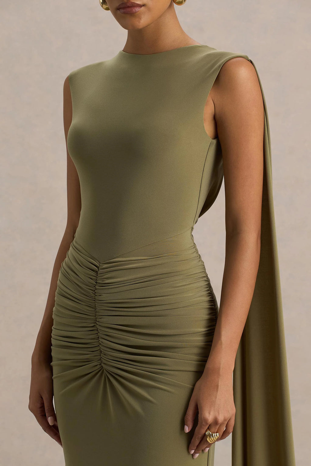 Premiere | Olive Boat-Neck Maxi Dress With Cape-Sleeves And Open-Back
