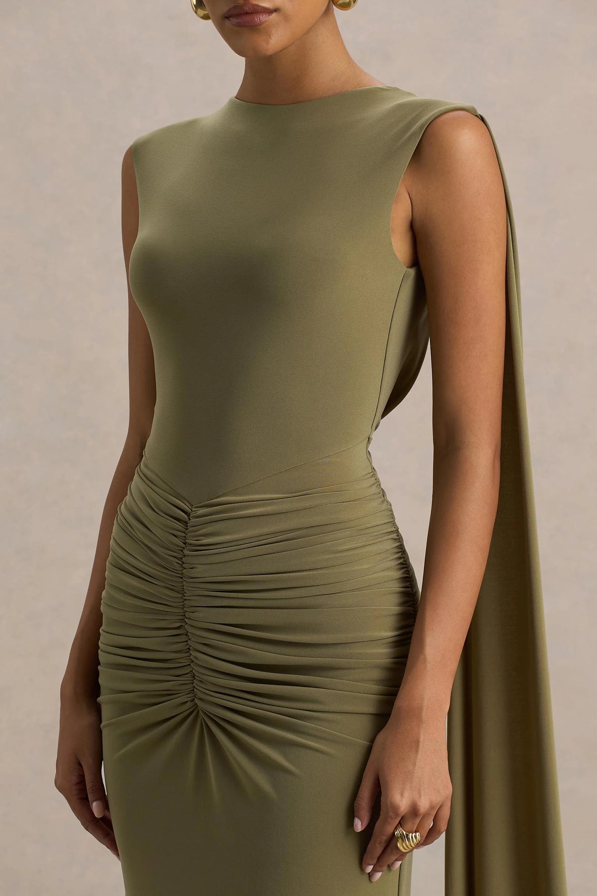 Premiere | Olive Boat-Neck Maxi Dress With Cape-Sleeves And Open-Back