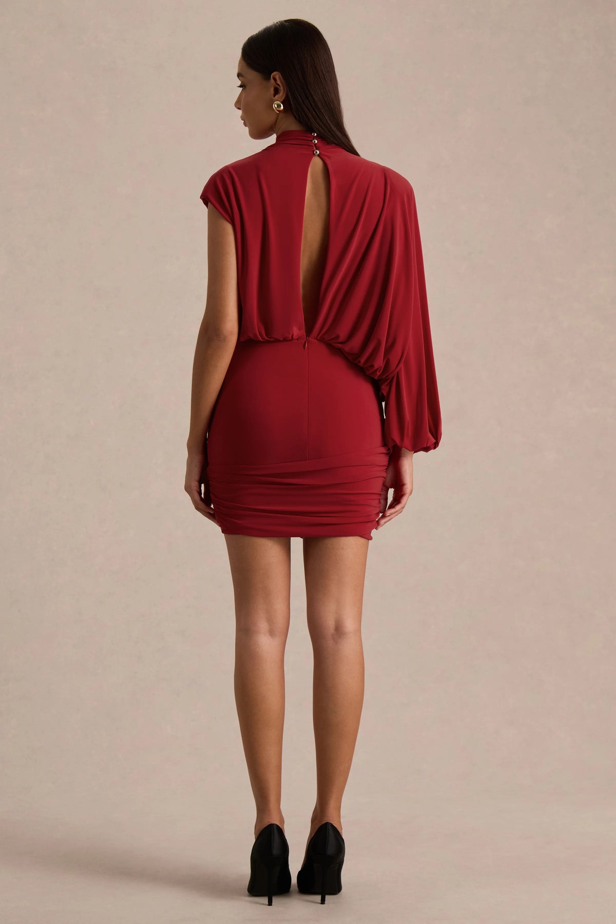 Zelda | Red High-Neck Mini Dress With One-Long Sleeve And Twisted Detail