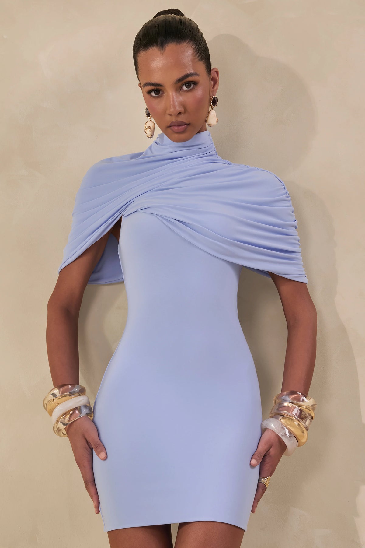 Perdi | Powder Blue Bodycon Mini Dress With Twisted Cape