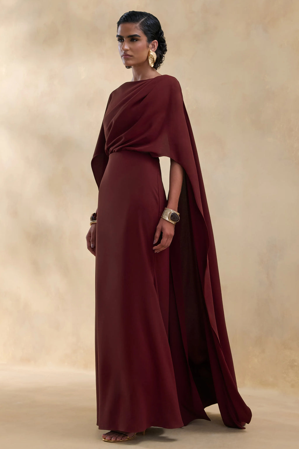 Pristina | Burgundy Boat-Neck Woven Maxi Dress With Cape Detail