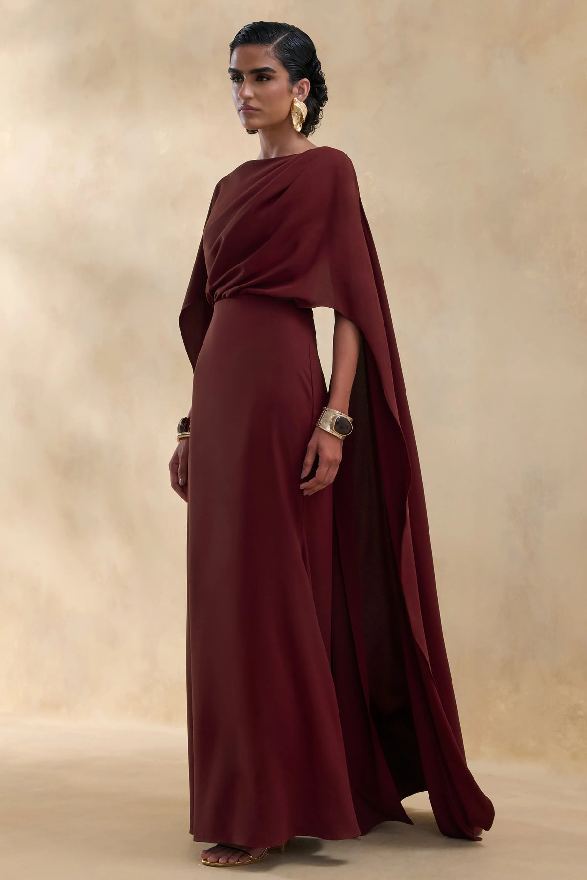 Pristina | Burgundy Boat-Neck Woven Maxi Dress With Cape Detail