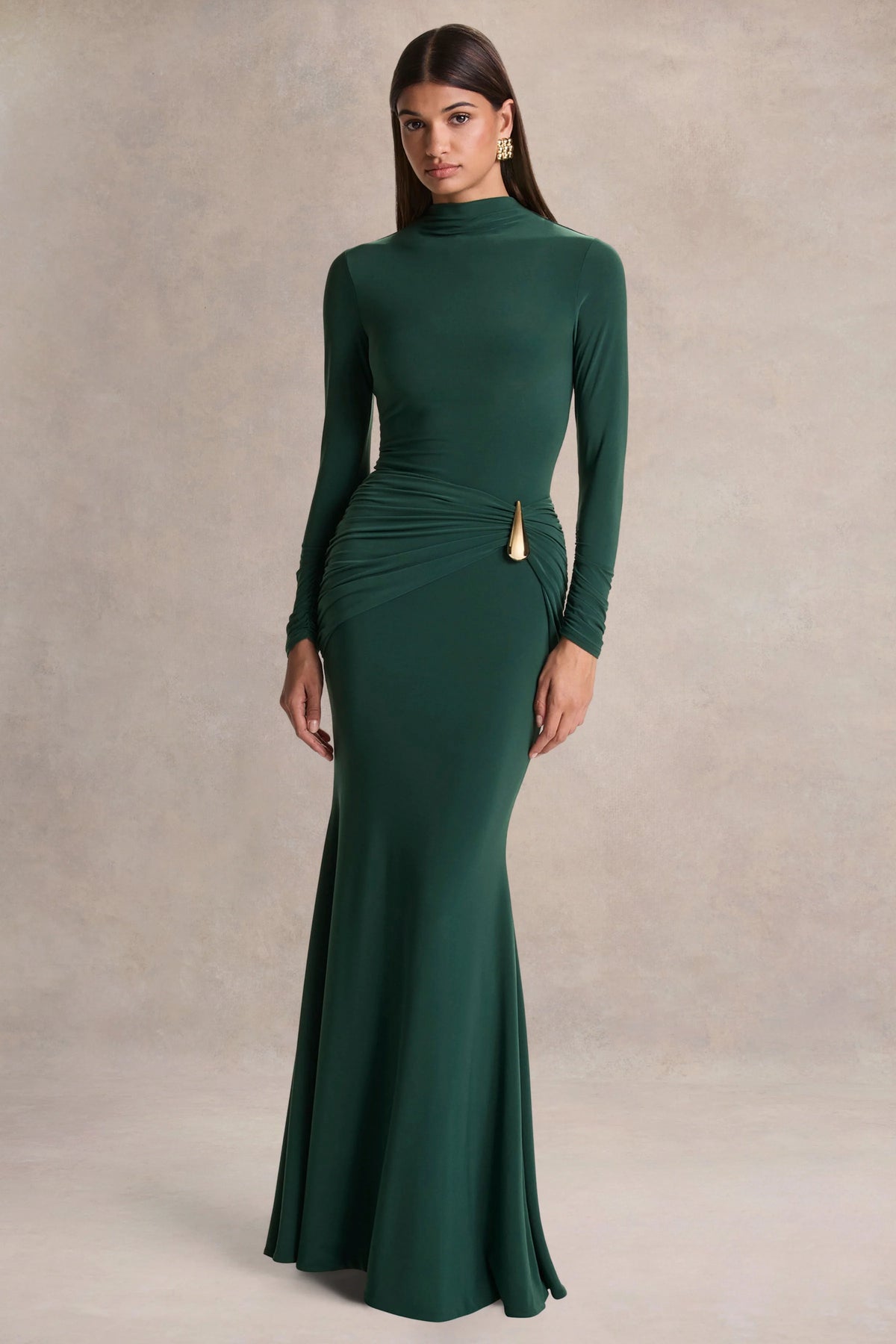 Solarium | Dark Green Long-Sleeve Maxi Dress With Gold Detail