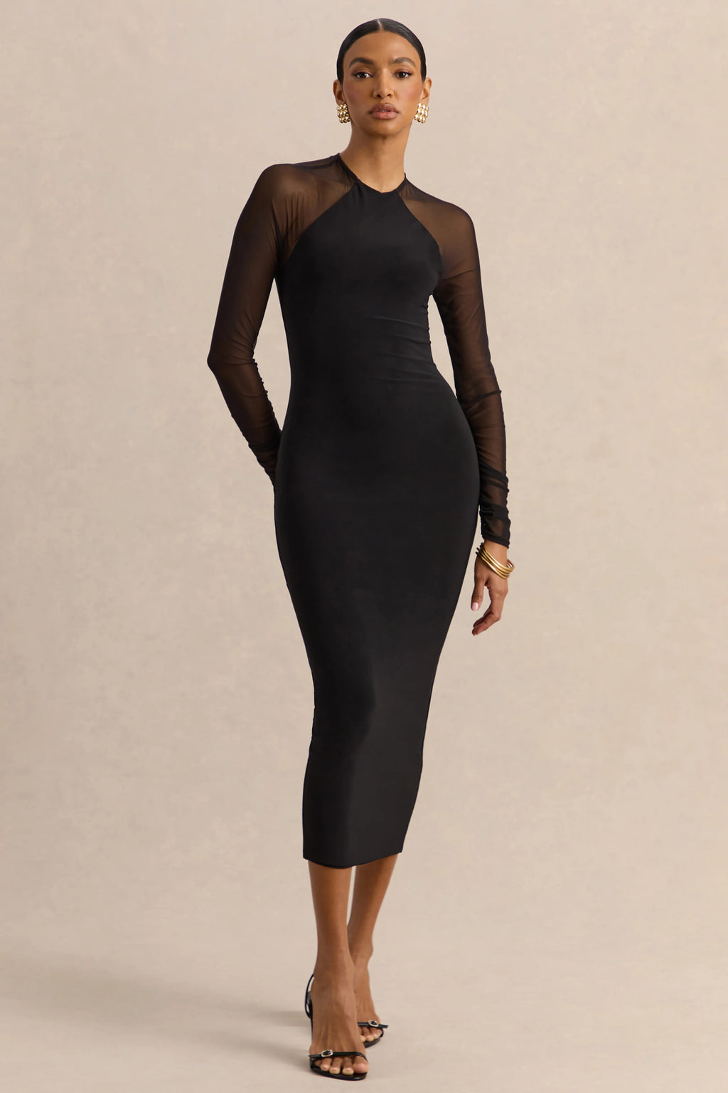 Aurevia | Black Crew-Neck Midi Dress With Long Mesh-Sleeves