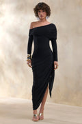 Franca | Black Asymmetric-Neck Midi Dress With Draped And Gathered Detailing