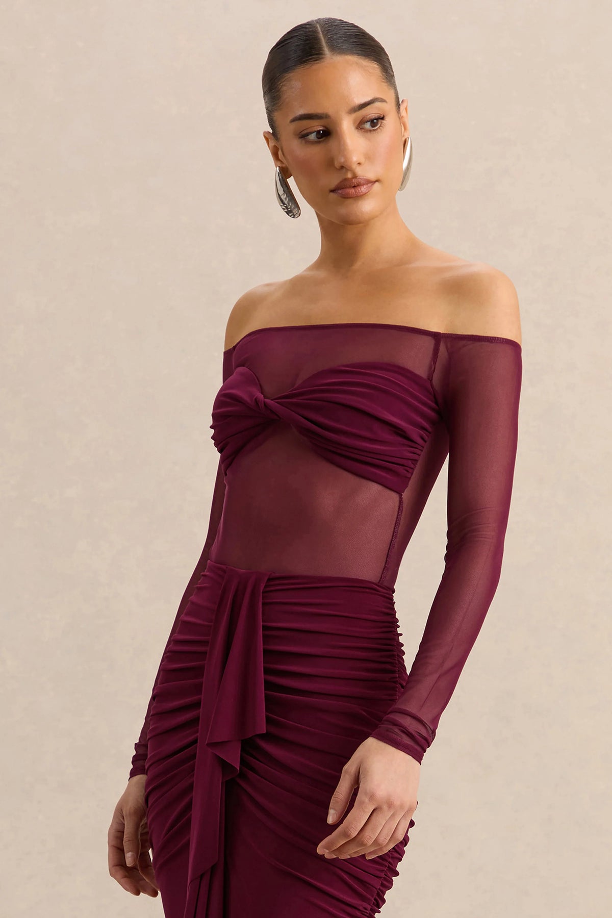 Maira | Burgundy Mesh Bardot-Neck Thong Bodysuit