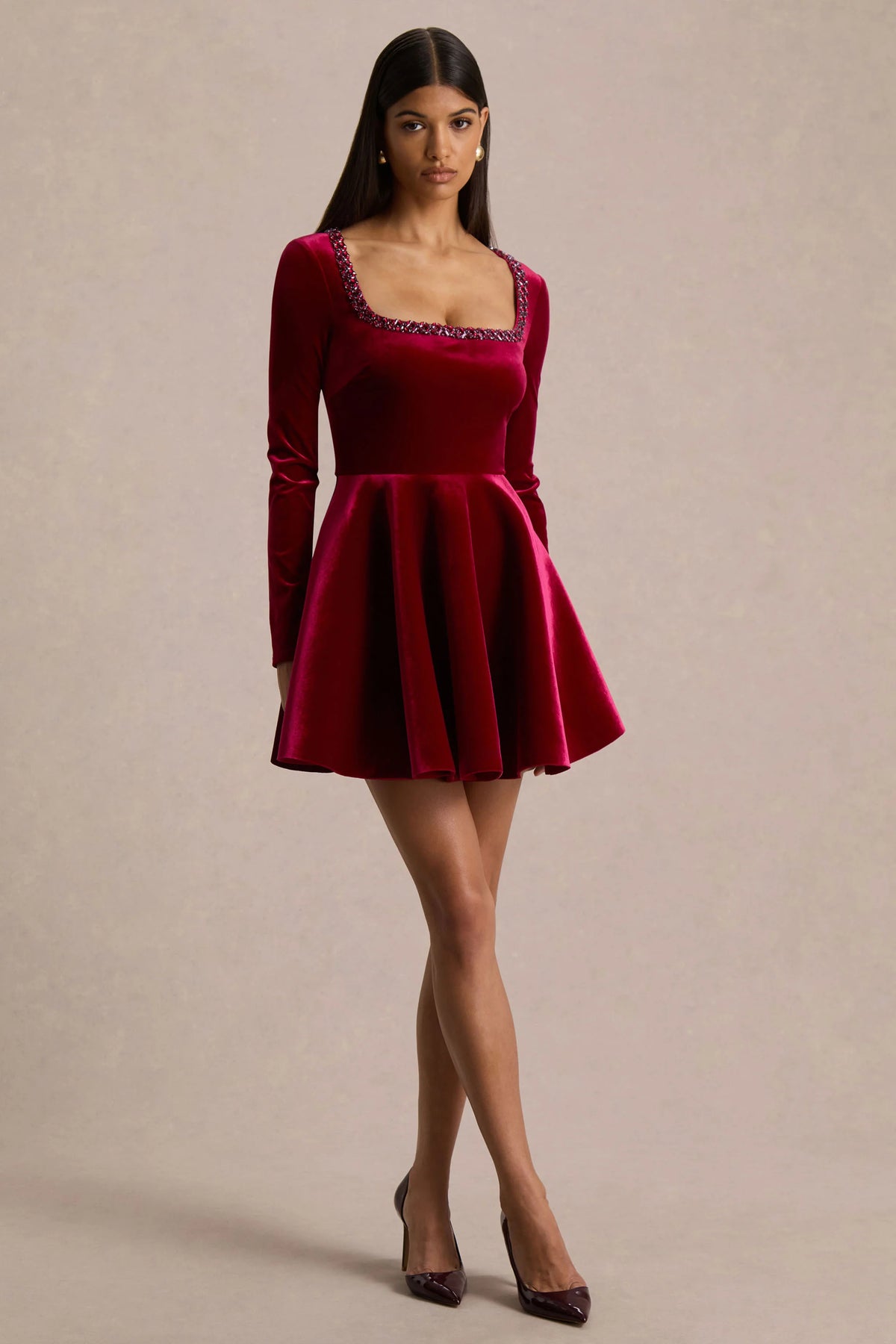 Beloved | Red Velvet Hand-Embellished Square-Neck Mini Dress