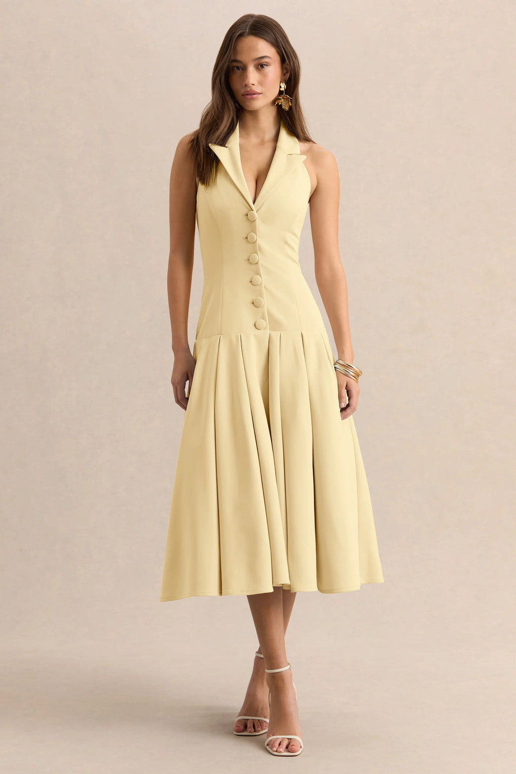 Elise | Lemon Plunge-Neck Midi Dress With Drop-Waist