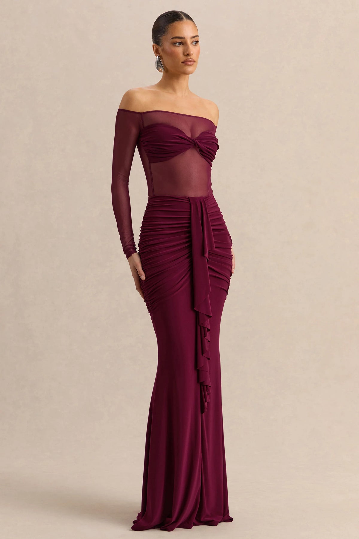 Maira | Burgundy Mesh Bardot-Neck Thong Bodysuit