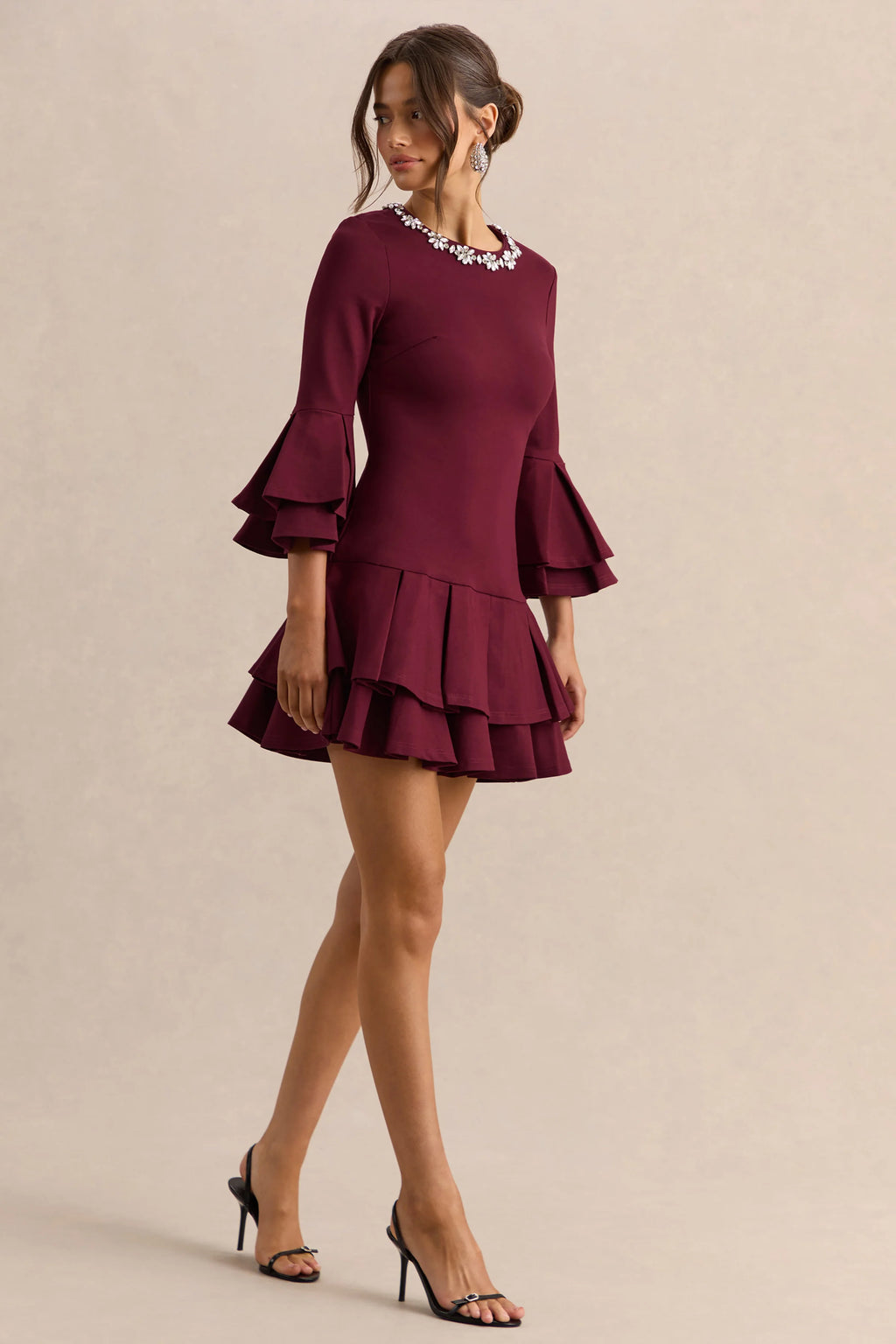 Mirna | Burgundy Crew-Neck Mini Dress With Bell Sleeves And Ruffled Detailing