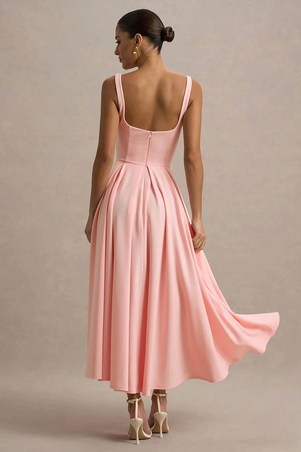 Parina | Pink Strappy Volume-Hem Midi Dress