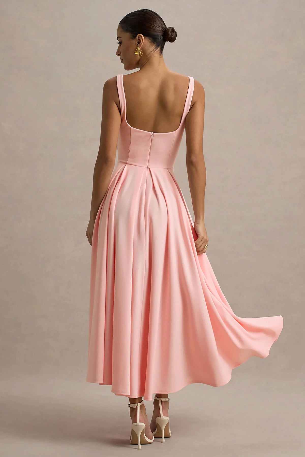 Parina | Pink Strappy Volume-Hem Midi Dress