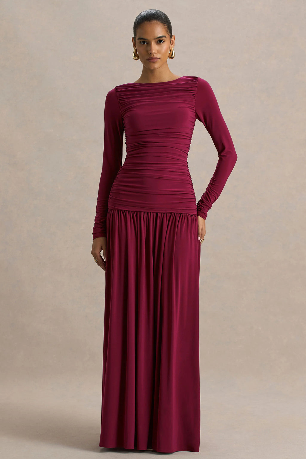 Aniyah | Burgundy Slashed-Neck Maxi Dress With Ruched Detailing