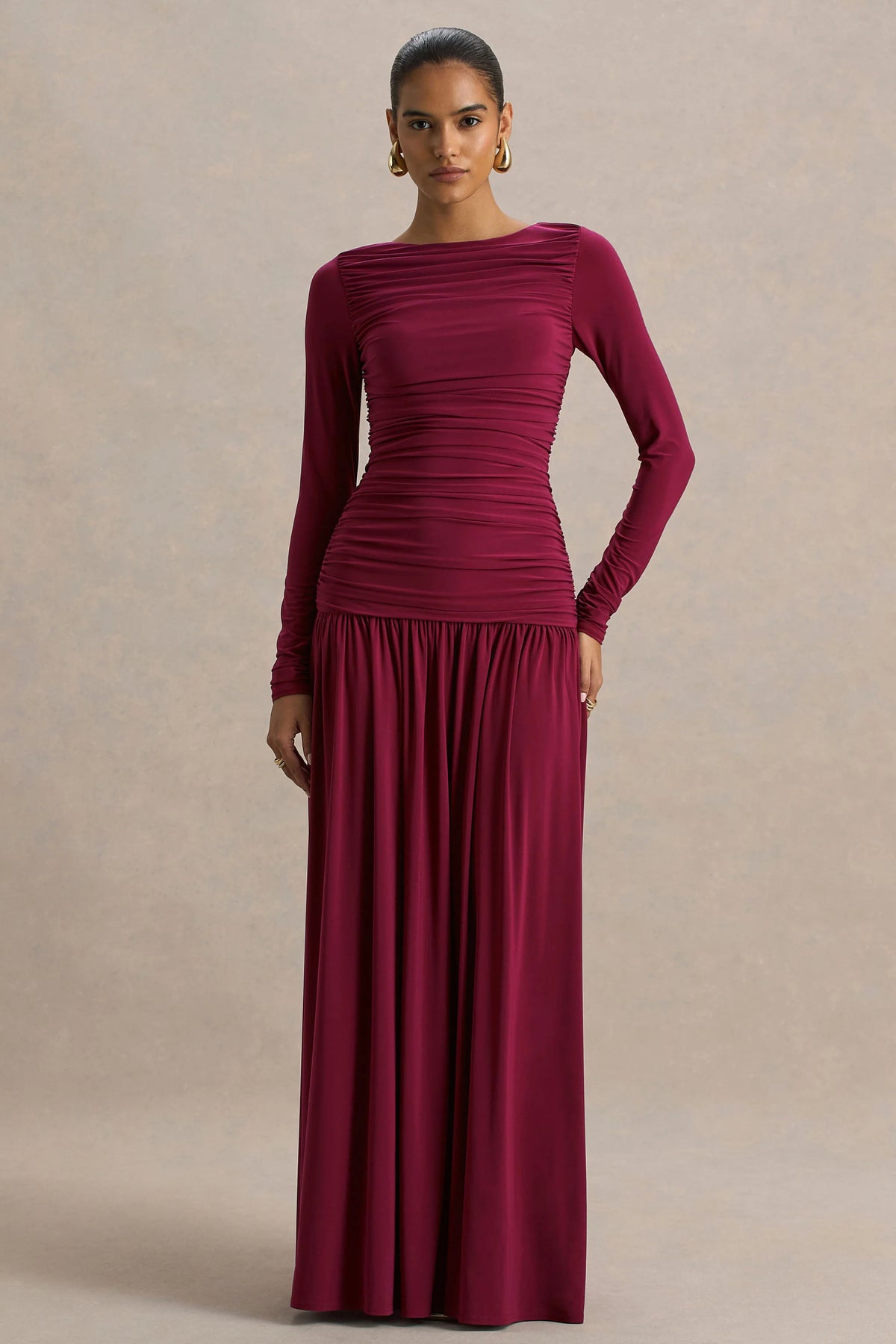 Aniyah | Burgundy Slashed-Neck Maxi Dress With Ruched Detailing