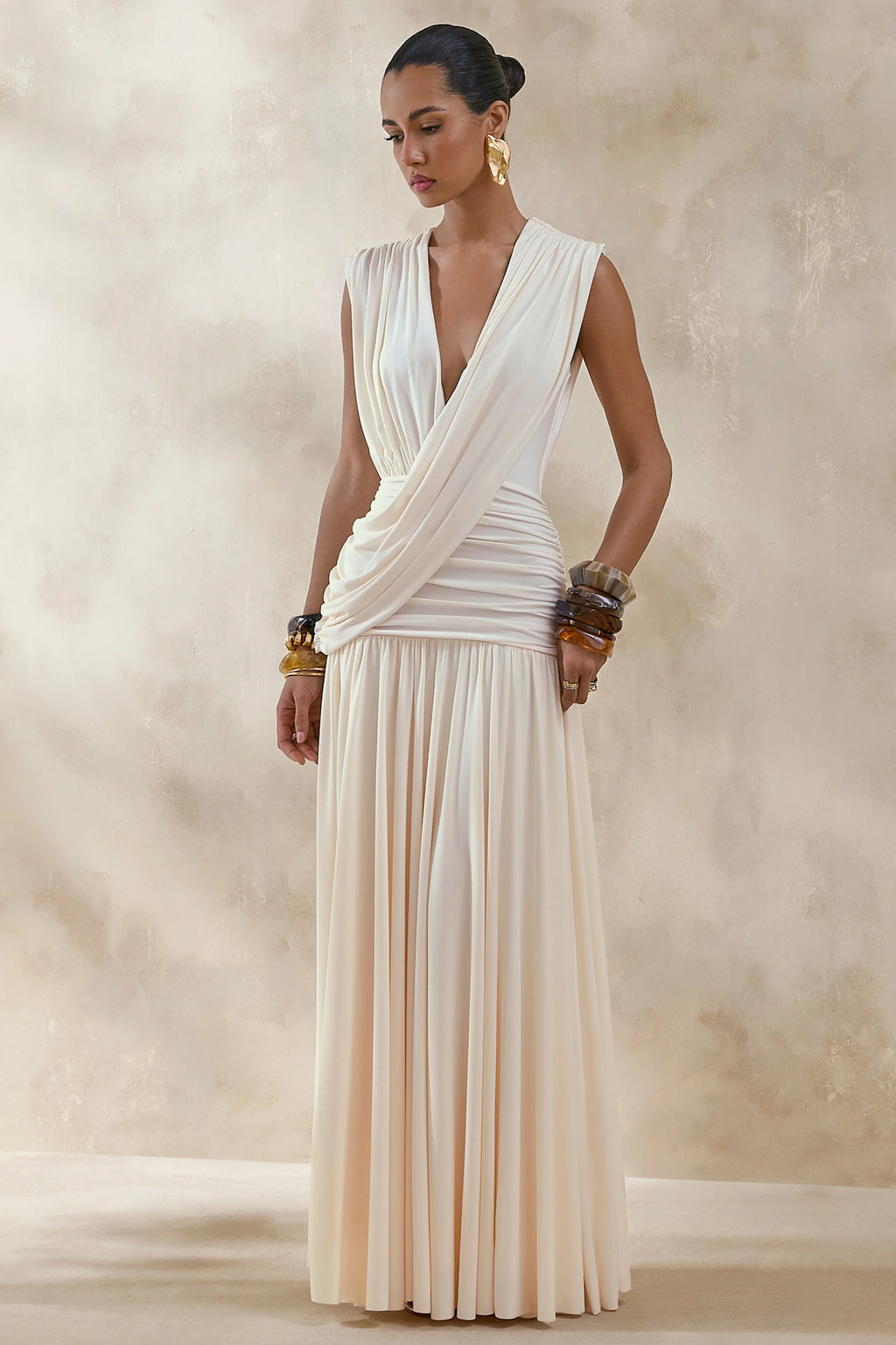 Glorina | Cream Plunge-Neck Maxi Dress With Draped-Detailing