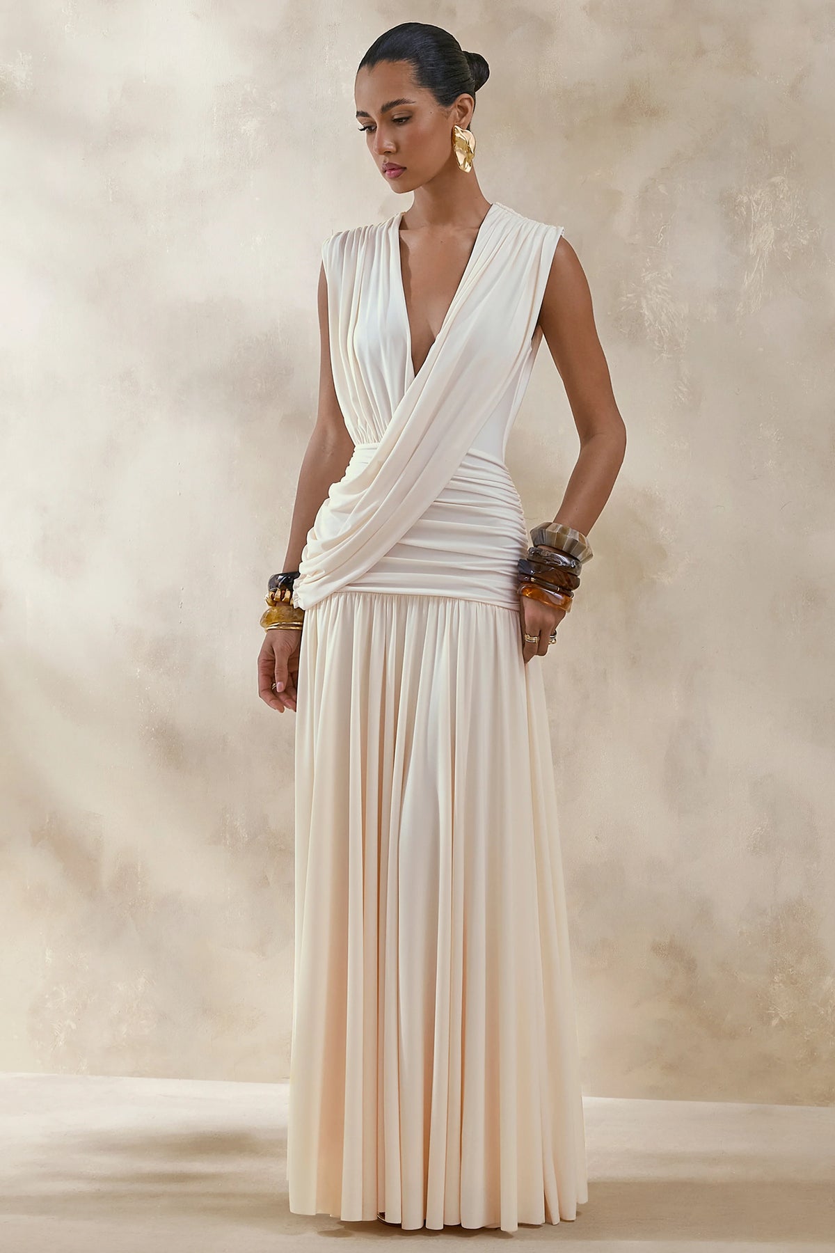 Glorina | Cream Plunge-Neck Maxi Dress With Draped-Detailing