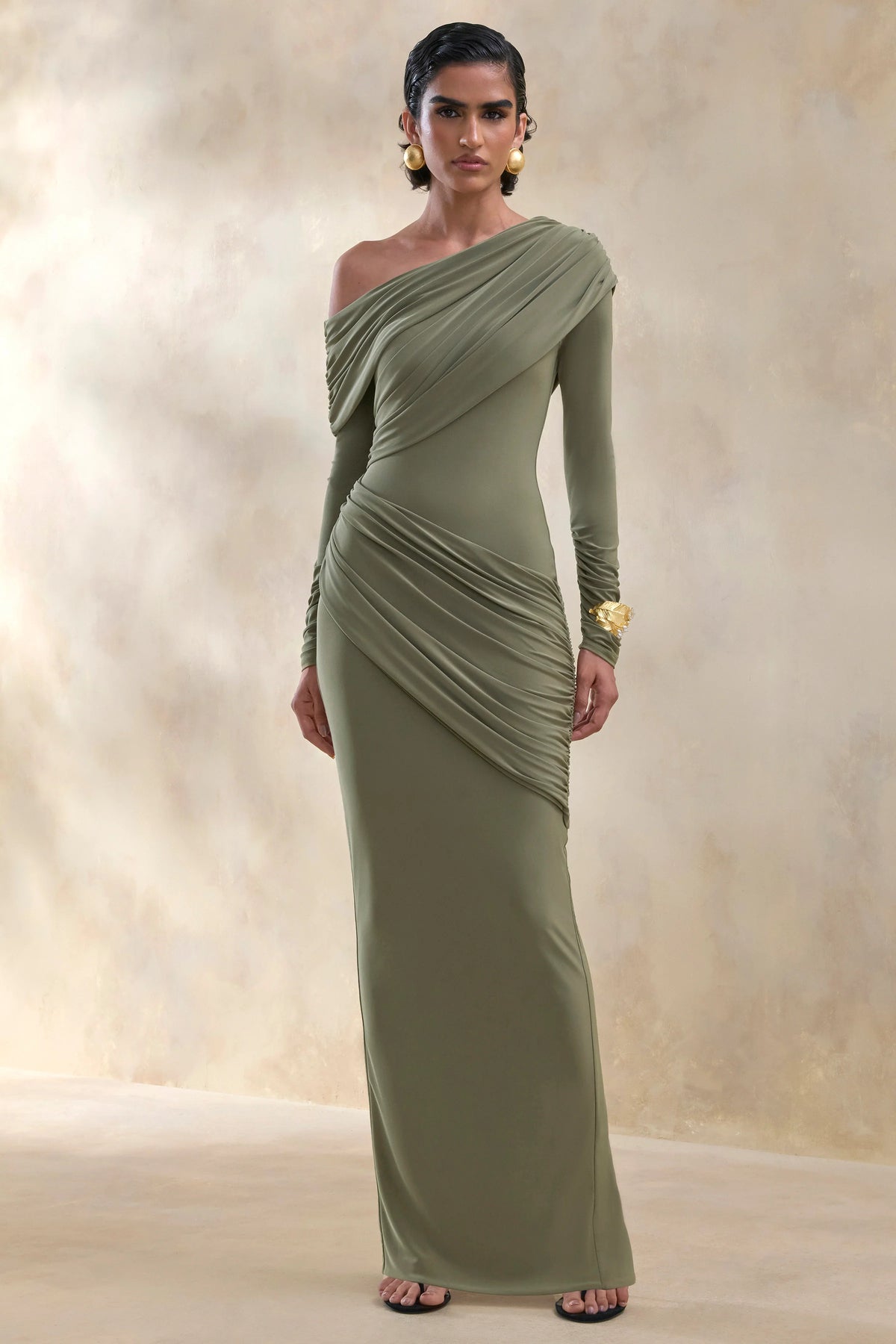 Rosirene | Olive Asymmetric-Neck Maxi Dress With Draped-Detailing