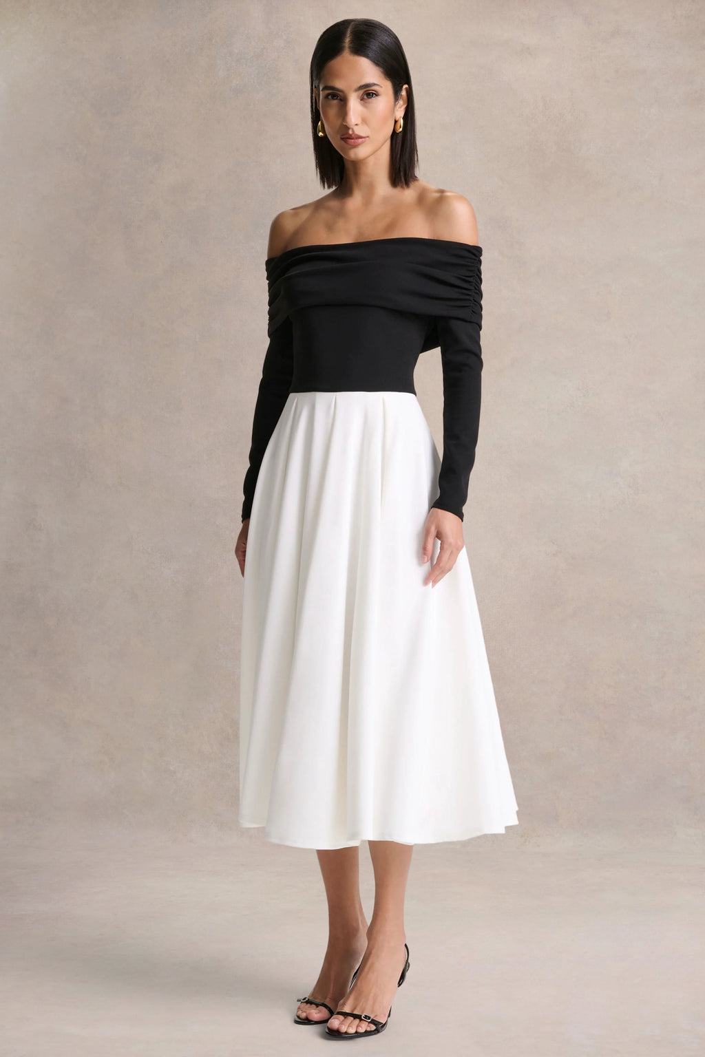Frederica | Black And White Bardot-Neck Midi Dress