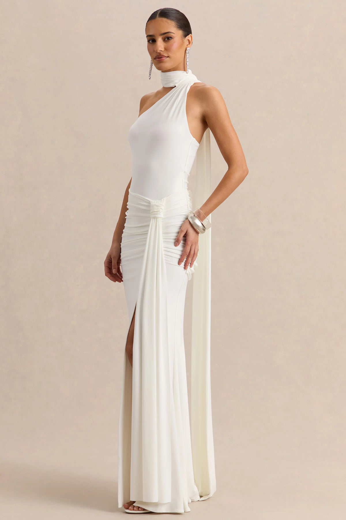 Eowyn | White Ruched Maxi Skirt With Front Split