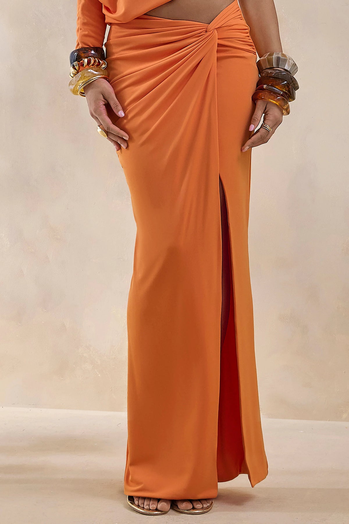Marlena | Orange Twisted Split Maxi Skirt